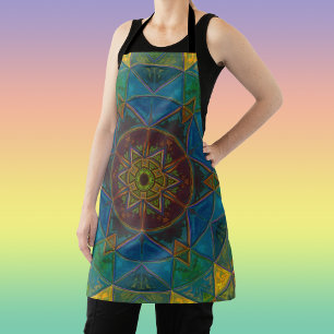 Delantal Flor de caleidoscopio mosaico azul amarillo y verd