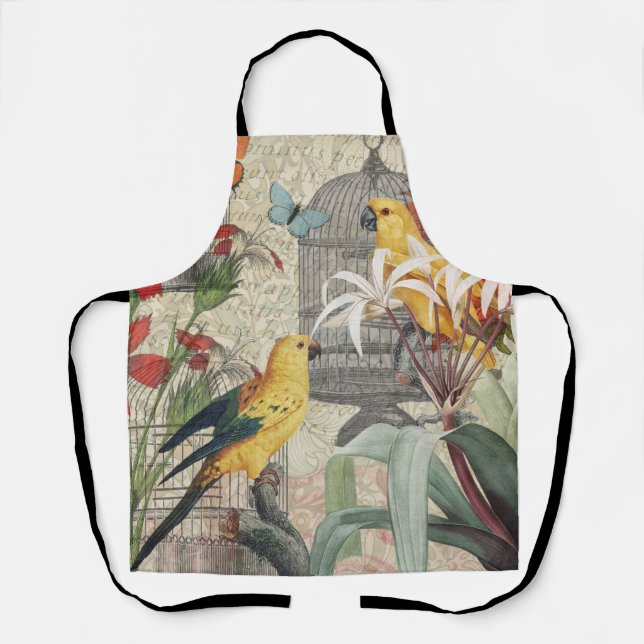Delantal Flor de época tropical dorada de loro (Anverso)