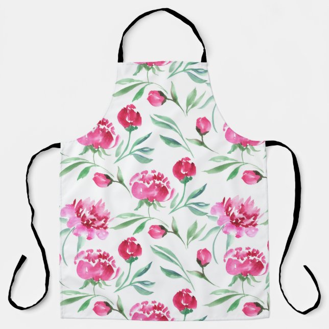 Delantal Flor de peón rosa acuarela transparente patrón (Anverso)