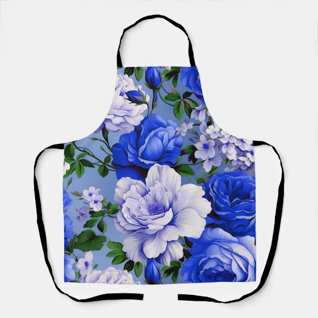 Delantal Flor de Rosa azul retro grande (Anverso)