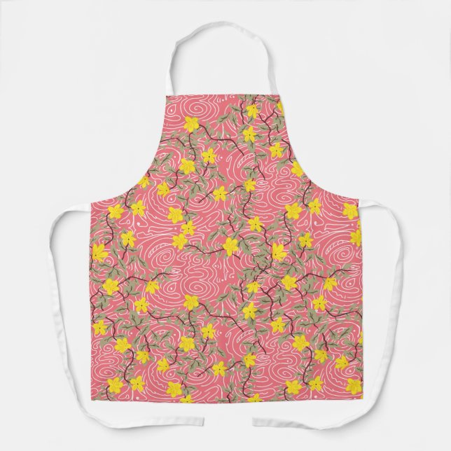 Delantal Flor jazmín amarilla en rosa coral (Anverso)