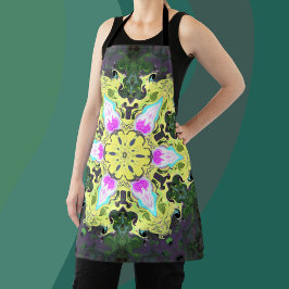 Delantal Flor psicodélica caleidoscópica amarillo y rosa