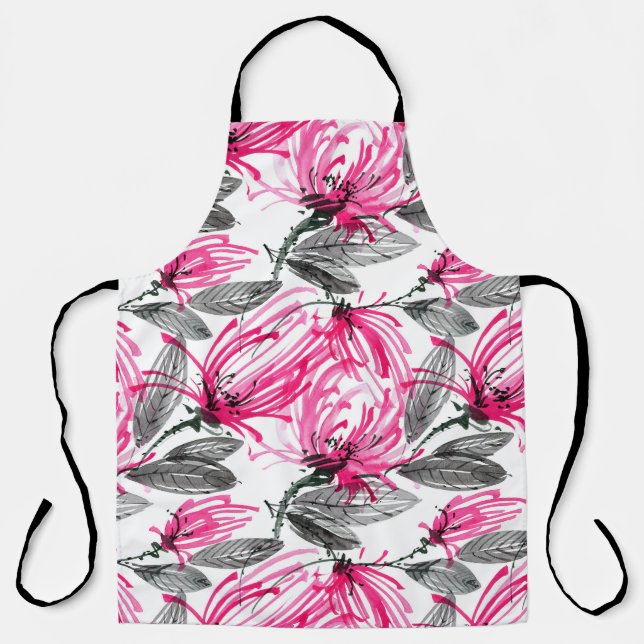 Delantal Flor Roja Oriental: Patrón acuarela. (Anverso)