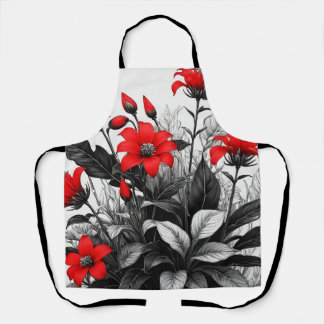 Delantal Flor Roja Sobre La Planta Blanca Negra