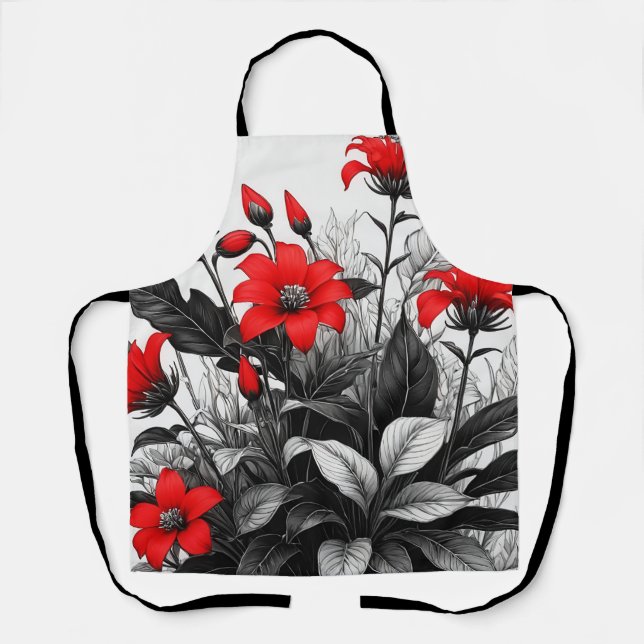 Delantal Flor Roja Sobre La Planta Blanca Negra (Anverso)