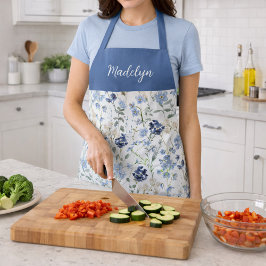 Delantal Flor silvestre azul acuarela con nombre personaliz