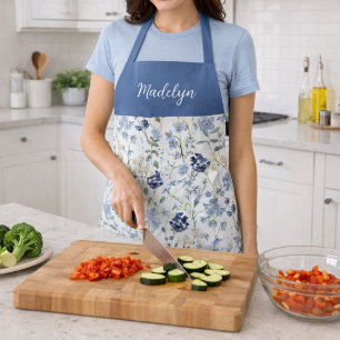 Delantal Flor silvestre azul acuarela con nombre personaliz