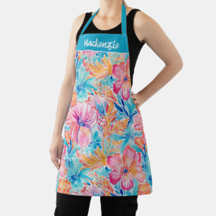 Delantal Flor Tropical de Coral Rosa Azul Nombre Personaliz