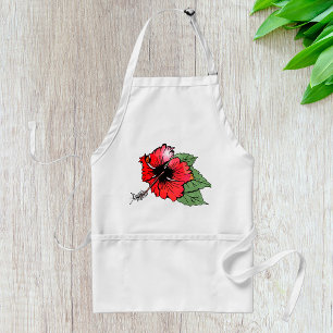 Delantal Flor tropical roja hibiscus con hojas verdes