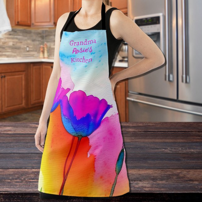 Delantal Flora acuarela California Poppy Azul Rosa (Watercolor floral apron with California Poppies in Pink and Blue with Orange Yellow Blue Background.)