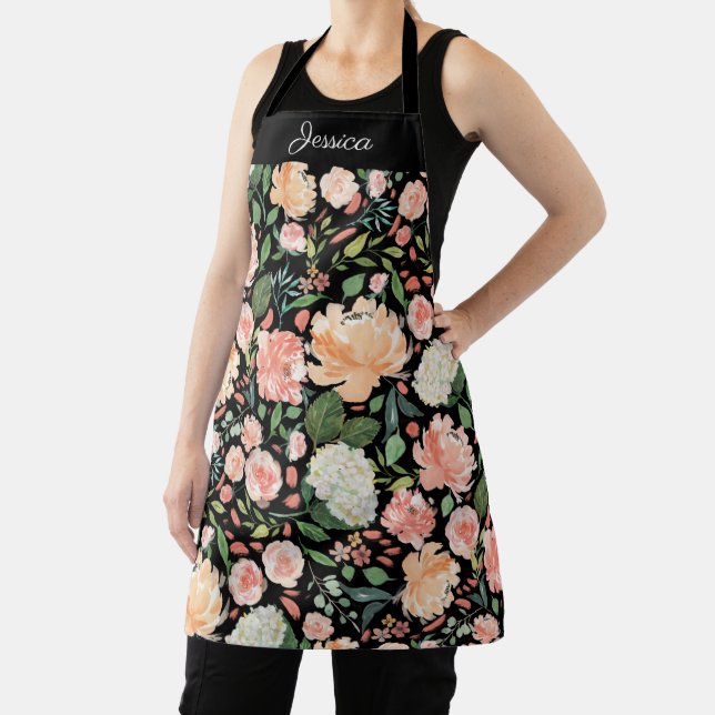 Delantal Flora de acuarela de primavera en nombre negro (in situ)