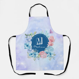 Delantal Floral Acuarela Azul Purpura Moderno Brillante