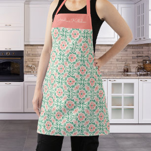 Delantal Floral Acuarela Personalizada Coral Rosa Verde