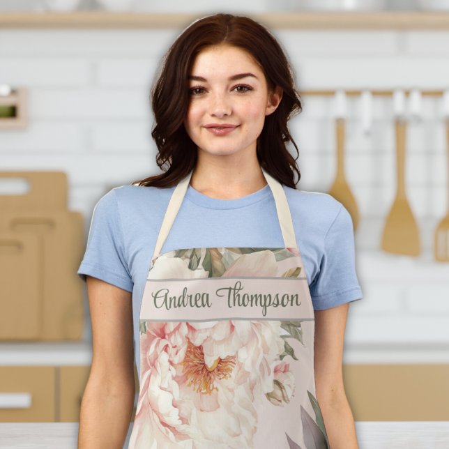 Delantal Floral acuática acuática de cocción moderna de las (custom name women's apron pink floral roses peony floral cooking baking apron gift for women for her)