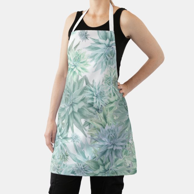 Delantal Floral Apron – Soft Blues & Greens on White  (in situ)