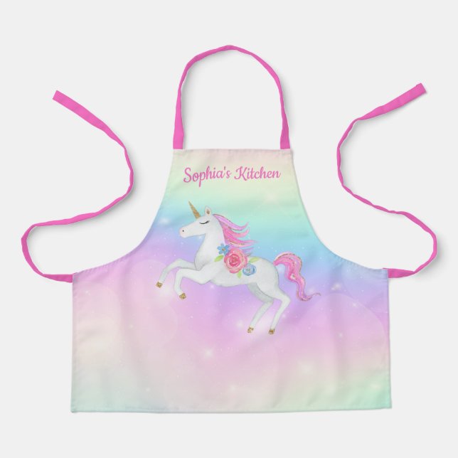 Delantal Floral arcoiris mágica unicornio personalizado (Anverso)