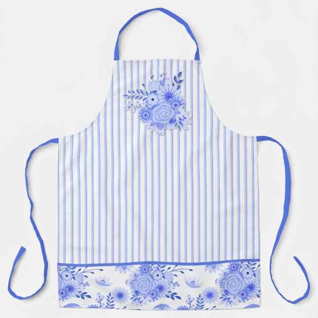Delantal Floral azul y blanca y rayas (Anverso)