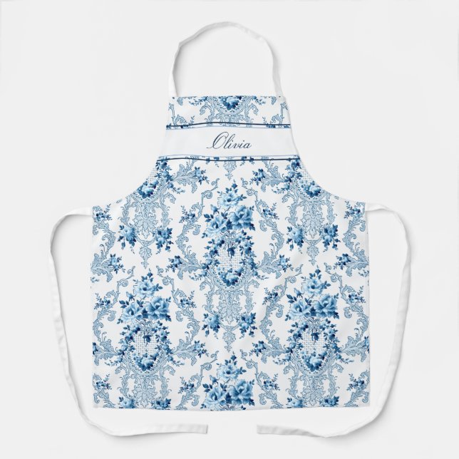 Delantal Floral blanca y azul Rococo de Francia personaliza (Anverso)