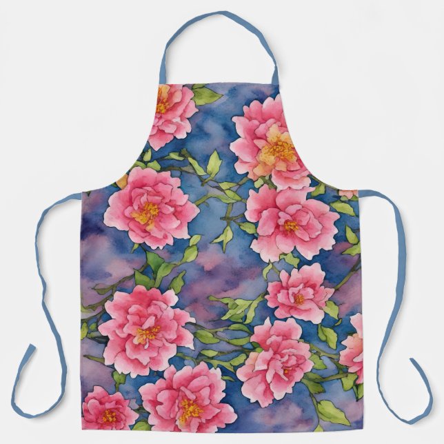 Delantal Floral Bouquet acuarela Pink Peonies en azul (Anverso)