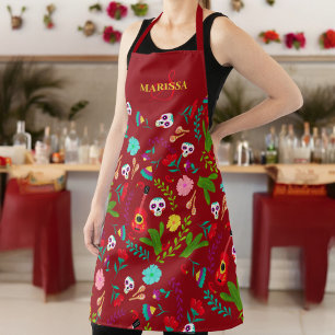 Delantal Floral brillante mexicano 5 de mayo monograma rojo