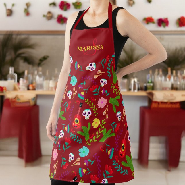 Delantal Floral brillante mexicano 5 de mayo monograma rojo (Bright floral Mexican 5 de mayo red monogram Apron)