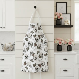 Delantal Floral de cráneos góticos negros y blancos y Rosas