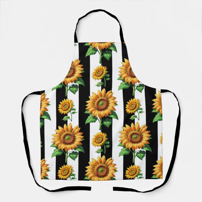 Delantal Floral de girasol franjas blancas negras (Anverso)