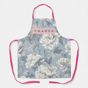 Delantal Floral de Peonía Azul y Crema Elegante Personaliza