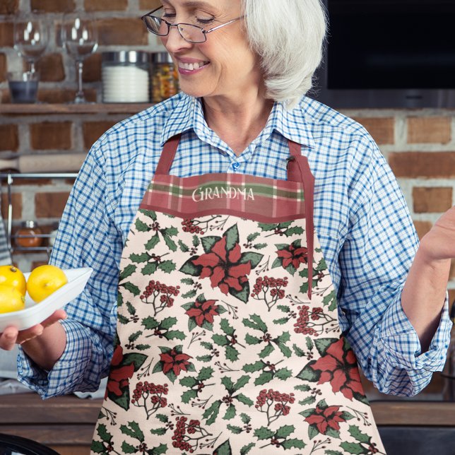 Delantal Floral de Poinsettia Roja navidad (Elegant Christmas Red Poinsettia, Holly Berry & Plaid Apron. Hand Drawn Winter Poinsettias & Berries)