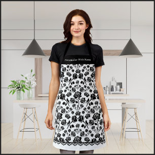 Delantal Floral de Rosa Blanca y Negra Elegante