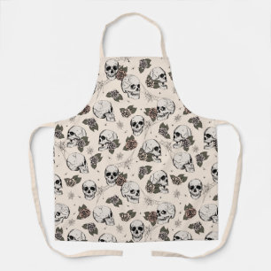 Delantal Floral de Rosas y calaveras góticas blancas antigu