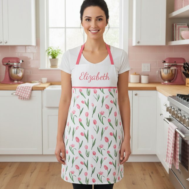 Delantal Floral de tulipano rosa dulce (sweet girly cute coquette cottagecore pink tulip apron with custom name in script calligraphy)