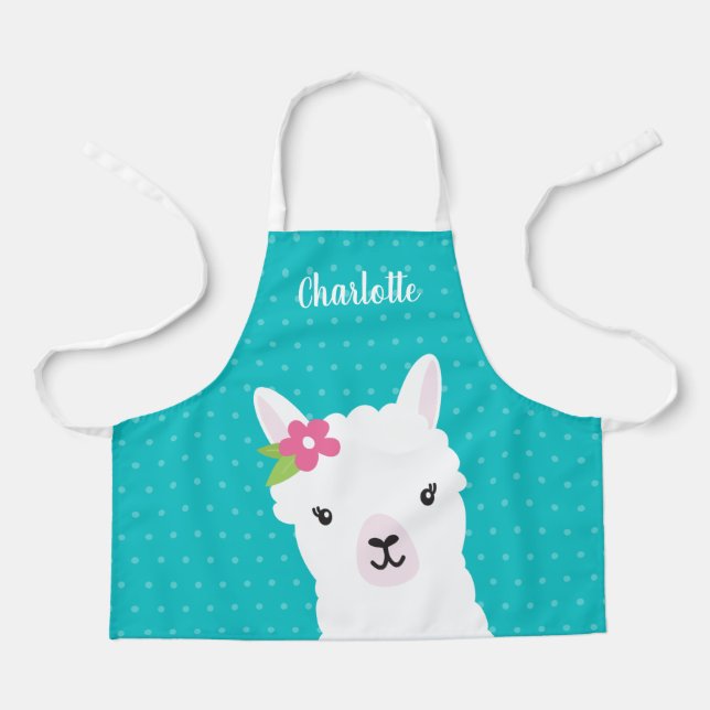 Delantal Floral Llama Alpaca Chica Verde azulado Personaliz (Anverso)
