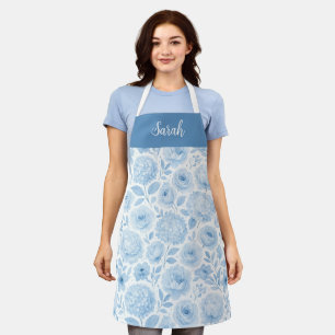 Delantal Floral Nombre Personalizado Acuarela Azul Blanco