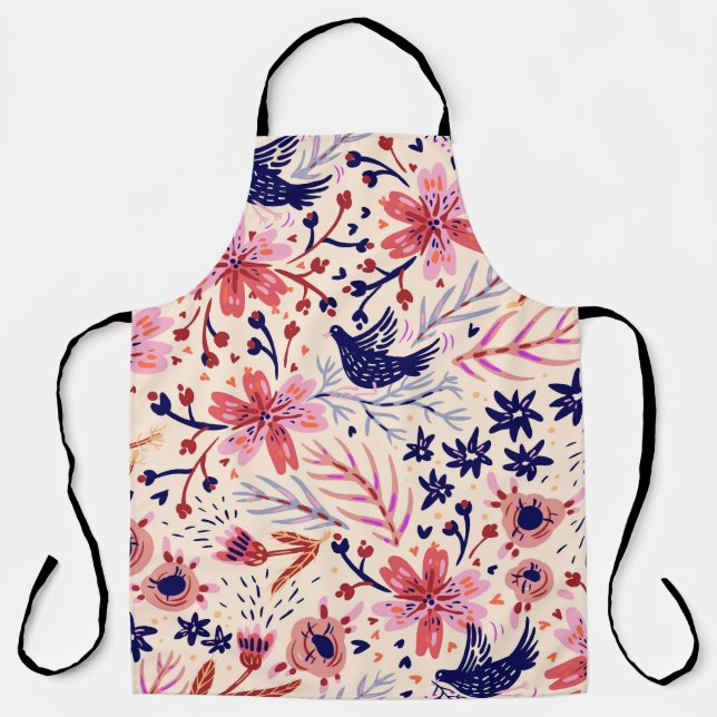 Delantal Floral, pájaros, vintage sin costuras. (Anverso)