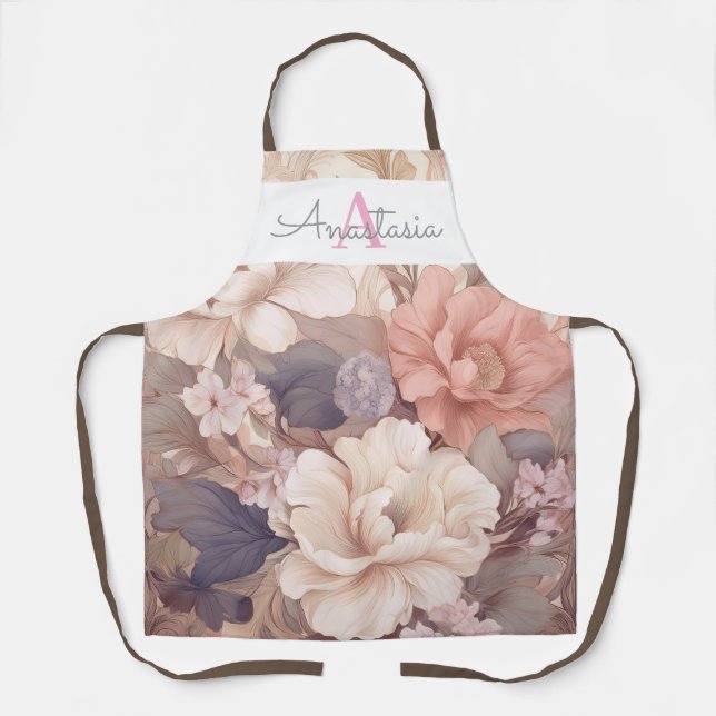 Delantal Floral Pastel personalizada con nombre y monograma (Anverso)