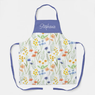 Delantal Floral silvestre acuarela naranja azul nombre pers
