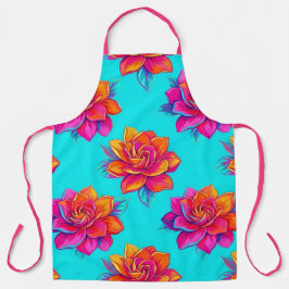 Delantal floral turquesa vibrante y rosa neón