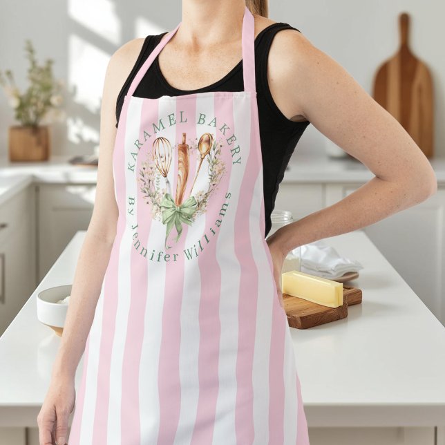 Delantal Floral Utensils Cooking Bakery Name Apron (Pink stripe Utensils Cooking Bow Apron)