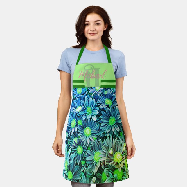 Delantal Floral verde azul Monogramada Chef Apron Mujeres (Gastado)