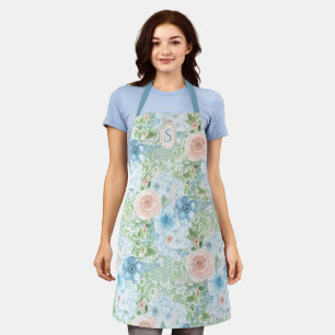 Delantal Floral verde rosa rosa azul de monograma ruso