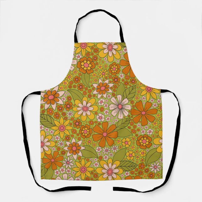 Delantal Floral verde y Naranja de los años 1960 y 1970 (Anverso)