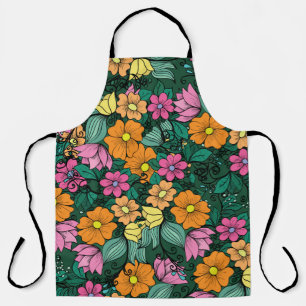 Delantal Floral vibrante: Vintage de fondo verde.