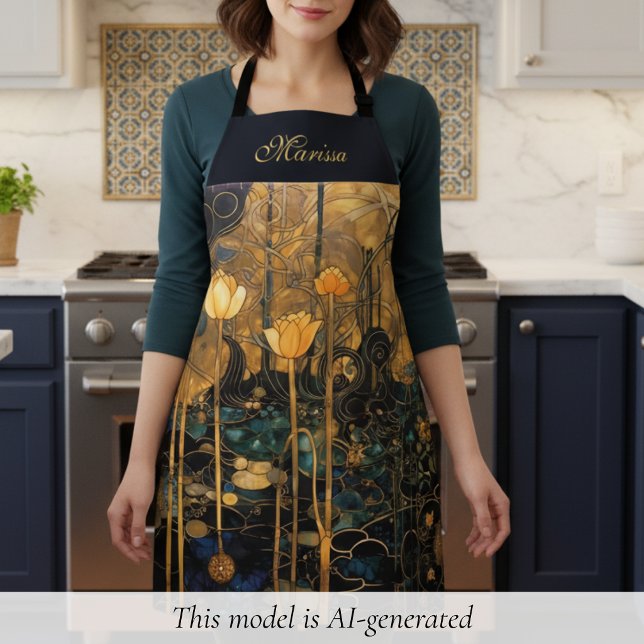 Delantal Floral Vintage Elegante (elegant black gold vintage art nouveau floral apron with custom name in beautiful script calligraphy)
