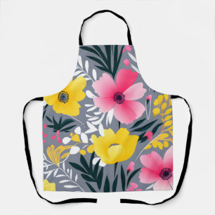 Delantal Flores Amarillas Y Rosa Vibrantes En Gris