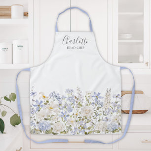 Delantal Flores Azules Elegantes Monograma Floral Acuarela