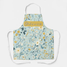 Delantal Flores blancas azules y verdes vibrantes
