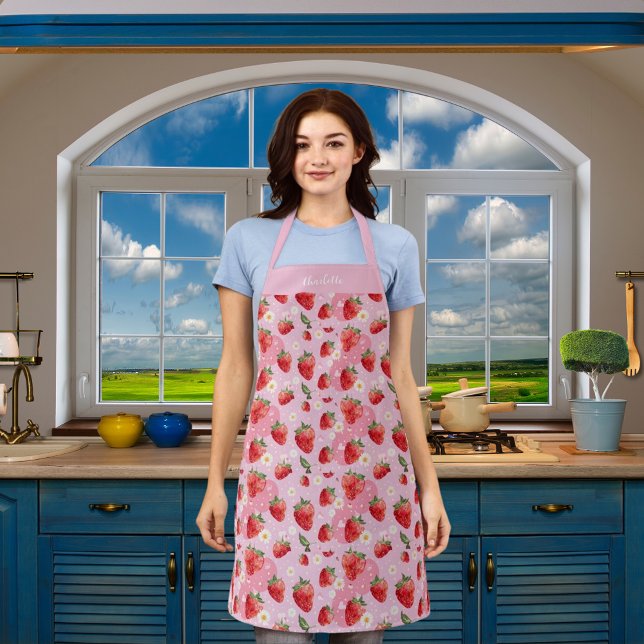 Delantal Flores blancas de fresa nombre de patrón rojo rosa (Subido por el creador)