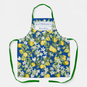 Delantal Flores Blancas Lemones Y Monograma En Azul Profund