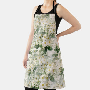 Delantal Flores blancas suaves y románticas y hojas verdes